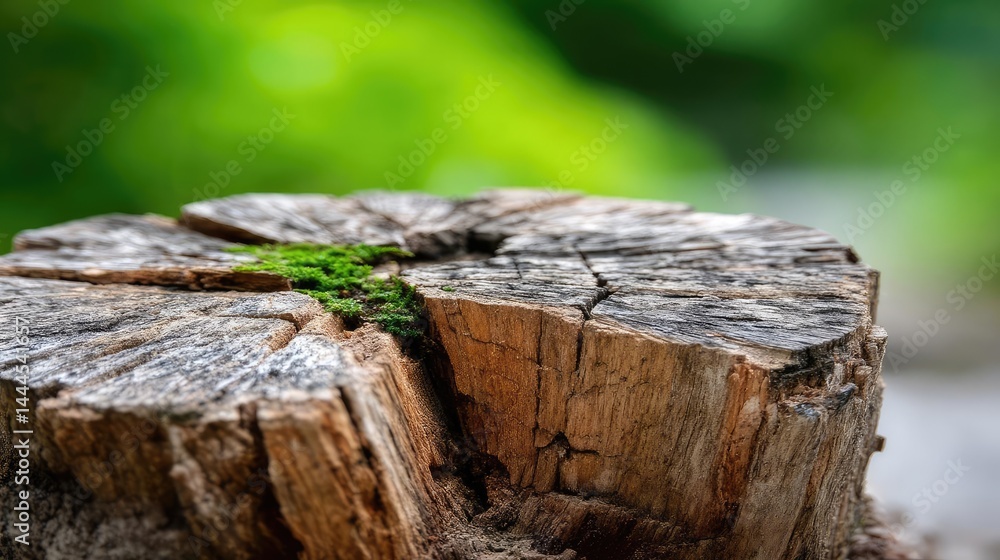 Poster tree stump representing environmental damage and forest decline concept. close-up of a weathered woo