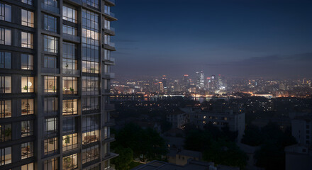 Fototapeta premium Urban Living At Night Modern Condominium Tower With Cityscape View