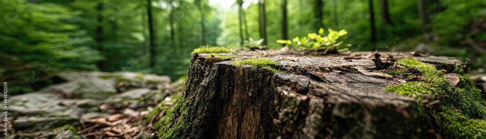 Poster Tree stump representing environmental damage and forest decline concept. A serene forest scene featuring a moss-covered tree stump.