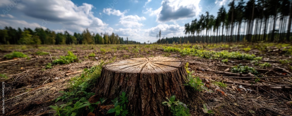 Poster Tree stump representing environmental damage and forest decline concept. A serene forest stump surrounded by lush greenery under clouds.