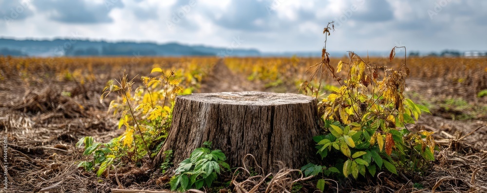 Poster Tree stump representing environmental damage and forest decline concept. A tree stump surrounded by lush green plants in a vast field.