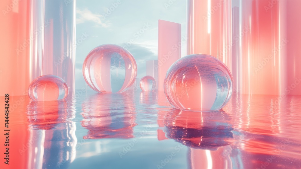 Poster abstract scene of translucent spheres and columns in a soft, pastel color palette.