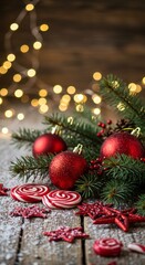 Obraz premium Christmas decoration with fir twig, red ball, star, and lollipop on wooden background with snow and garland light. Holiday season concept.