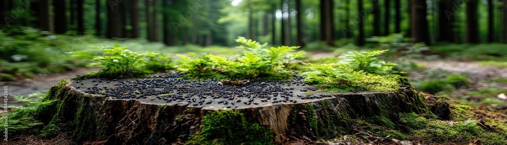 Poster tree stump exposing illegal forest damage and biodiversity loss concept. a close-up of a tree stump 