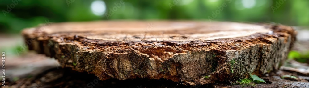Aufkleber Tree stump exposing illegal forest damage and biodiversity loss concept. Close-up of a tree stump displaying natural textures and colors.