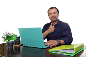 man sitting at his desk making a positive gesture with his finger, transparent background