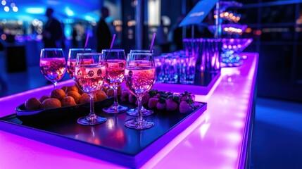 Drinks and appetizers arranged elegantly on a brightly lit bar