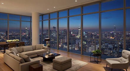 Modern Luxury Apartment Interior With Breathtaking Cityscape View At Night