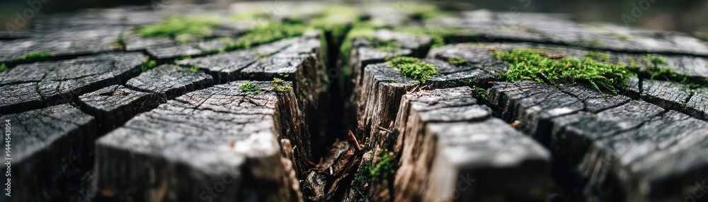 Poster Tree stump representing environmental damage and forest decline concept. Close-up view of a wooden stump showcasing texture and moss.