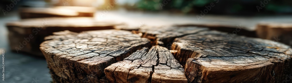 Leinwandbilder Tree stump representing environmental damage and forest decline concept. Close-up of a wooden log segment with intricate textures and details.