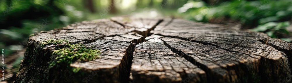 Poster tree stump representing environmental damage and forest decline concept. a close-up of a moss-covere