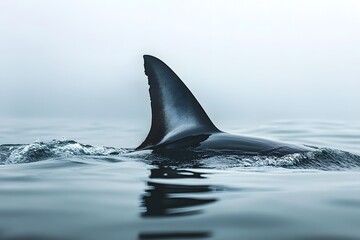 Fototapeta premium A dorsal fin of a shark emerging from the water surface on a foggy day in the ocean environment view