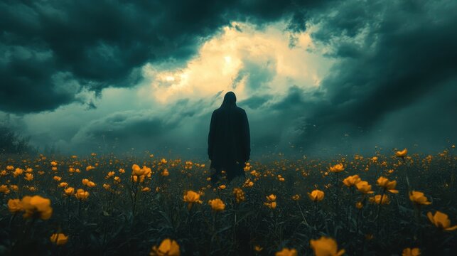 A figure standing in a field of wilted flowers, with a storm brewing overhead, symbolizing impending despair