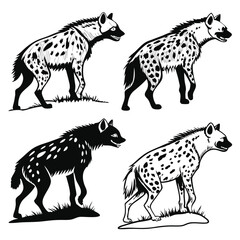 Handdrawn Style Black and White Hyena Set, Spot Fur Texture, Line Art