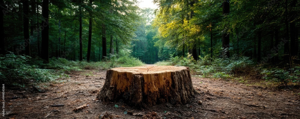 Poster Tree stump representing environmental damage and forest decline concept. A tranquil forest scene featuring a tree stump surrounded by greenery.