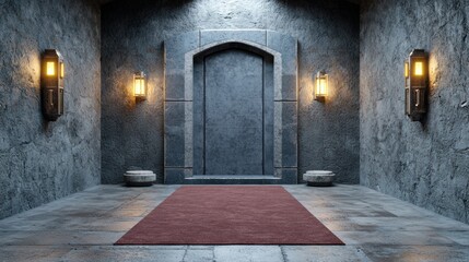 Obraz premium Grand Gothic Hall Interior Concept, Dark stone corridor with a decorative door and lanterns, featuring a red carpet.