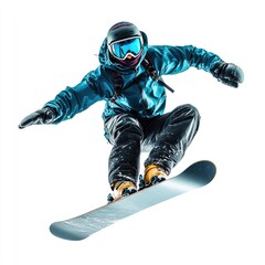 Snowboarder performing an air trick, captured in mid-air against a white background