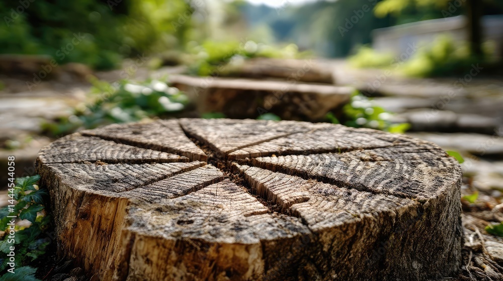 Poster tree stump reflecting deforestation and climate change crisis concept. close-up of a tree stump surr