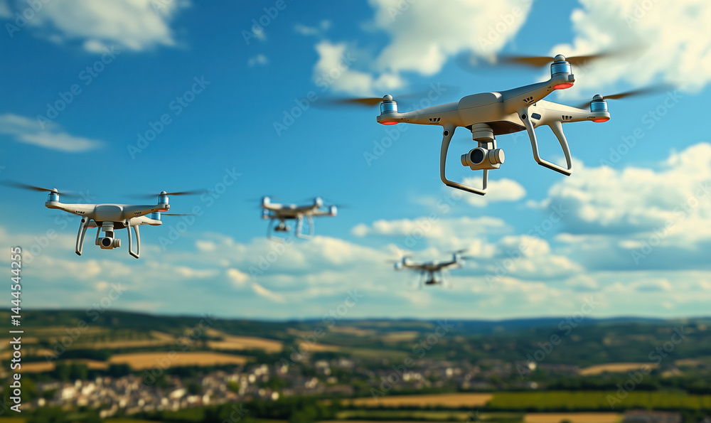 Poster drones flying over scenic landscape with fields and clouds in background.
