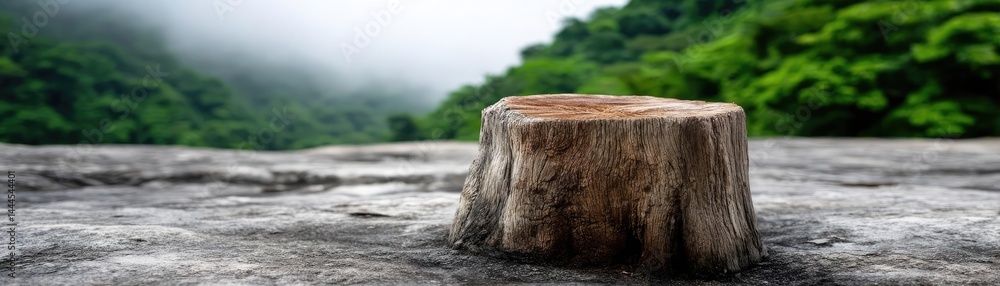 Poster Tree stump representing environmental damage and forest decline concept. A peaceful forest scene featuring a weathered tree stump.