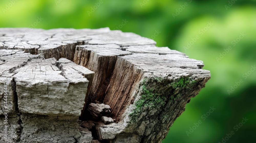 Aufkleber Tree stump representing environmental damage and forest decline concept. Close-up view of a weathered tree stump with vibrant green background.