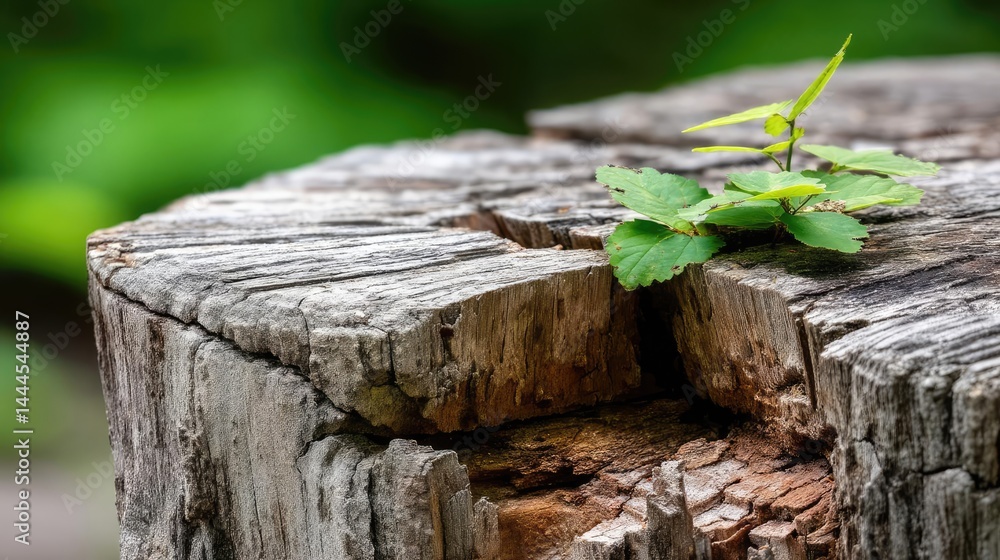 Aufkleber tree stump representing environmental damage and forest decline concept. a small sprout grows from t