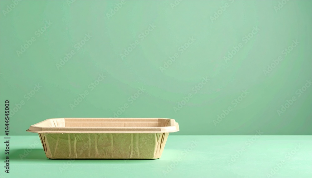 Poster minimalist action of empty food container on green surface tabletop still life calm environment side