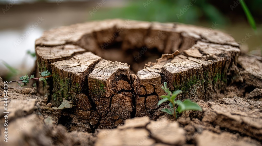 Poster Tree stump representing environmental damage and forest decline concept. A close-up view of a textured tree stump highlighted by nature.