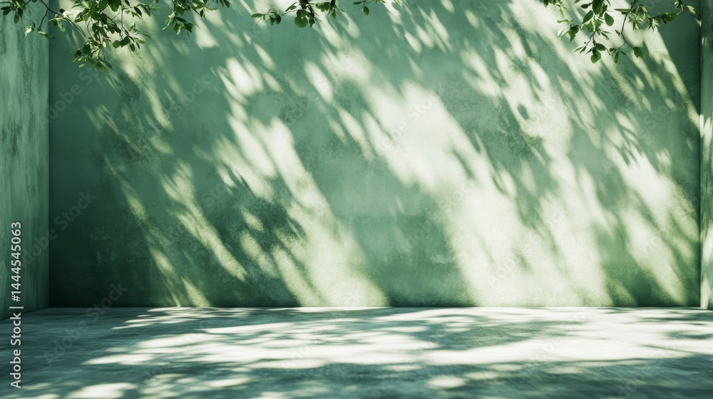 Poster sunlit green wall with leaf shadows and empty floor.