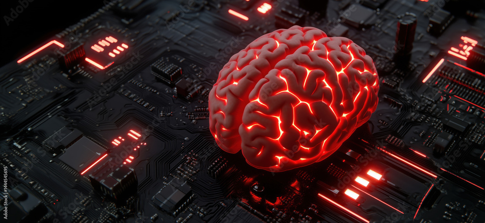 Poster artificial intelligence concept with brain on circuit board illuminated in red.