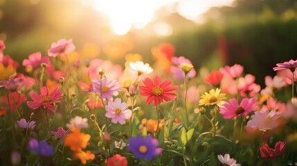 Obraz premium A beautiful field of colorful flowers bathed in warm sunlight