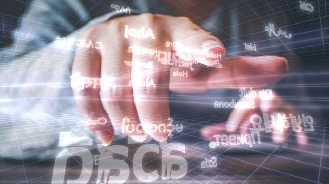 Futuristic hand interaction with a digital interface showing "Hello" in multiple languages and glowing lines on a virtual grid, symbolizing technology and language translation in the cyber world.
