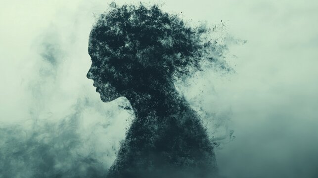 A fragmented silhouette dissolving into the background, representing depersonalization disorder