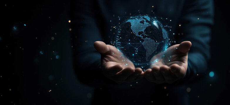 Digital globe representation held in hands showcasing global connectivity and technology.