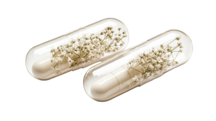 Pills filled with blossoms, cut out transparent