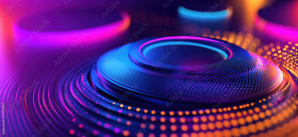Poster abstract colorful 3d wave patterns with glowing dots and circular shapes.