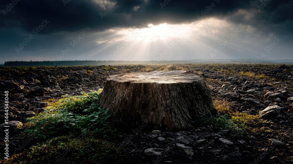 Poster Tree stump representing environmental damage and forest decline concept. A tree stump surrounded by barren land and light rays breaking through clouds.