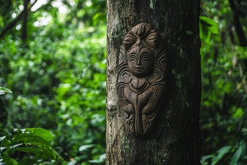 Obraz premium Carvings on tree trunk surrounded by lush green forest foliage showcasing intricate craftsmanship, Carvings on tree in lush, green forest