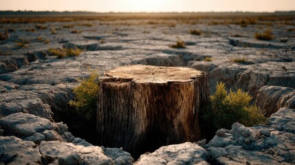 Tree stump representing environmental damage and forest decline concept. A dried landscape featuring a tree stump in the foreground.