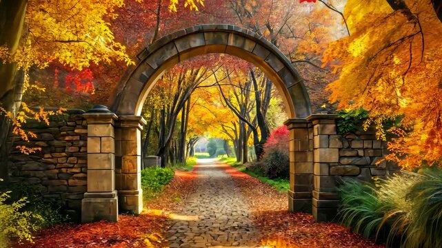 Enchanted Autumn Pathway Through a Stone Archway in a Vibrant Forest