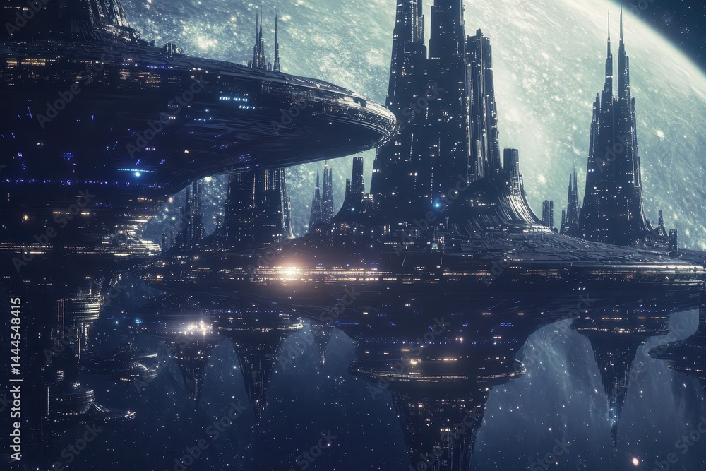 Poster futuristic space structures with towering designs illuminated in a cosmic landscape, futuristic stru