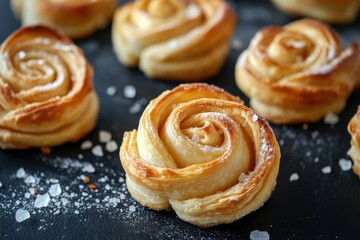 Freshly baked puff pastry roses on dark textured surface with sugar crystals, Freshly baked puff pastry roses on dark textured surface with scattered sugar crystals