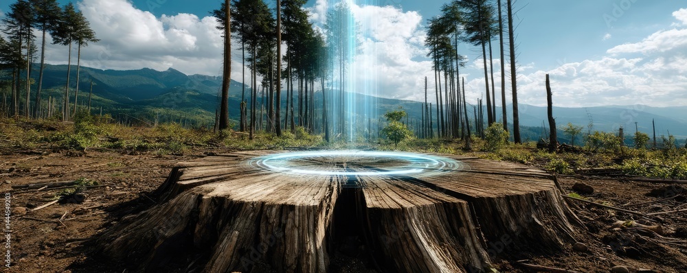 Poster Tree stump reflecting deforestation and climate change crisis concept. A serene view of a forest clearing with a glowing stump.