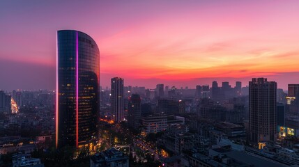Obraz premium A modern city skyline illuminated by a colorful sunset sky