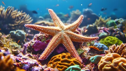 A vibrant starfish on a colorful coral reef surrounded by various marine life in a clear underwater scene. Concept Vibrant Starfish, Colorful Coral Reef, Marine Life Biodiversity