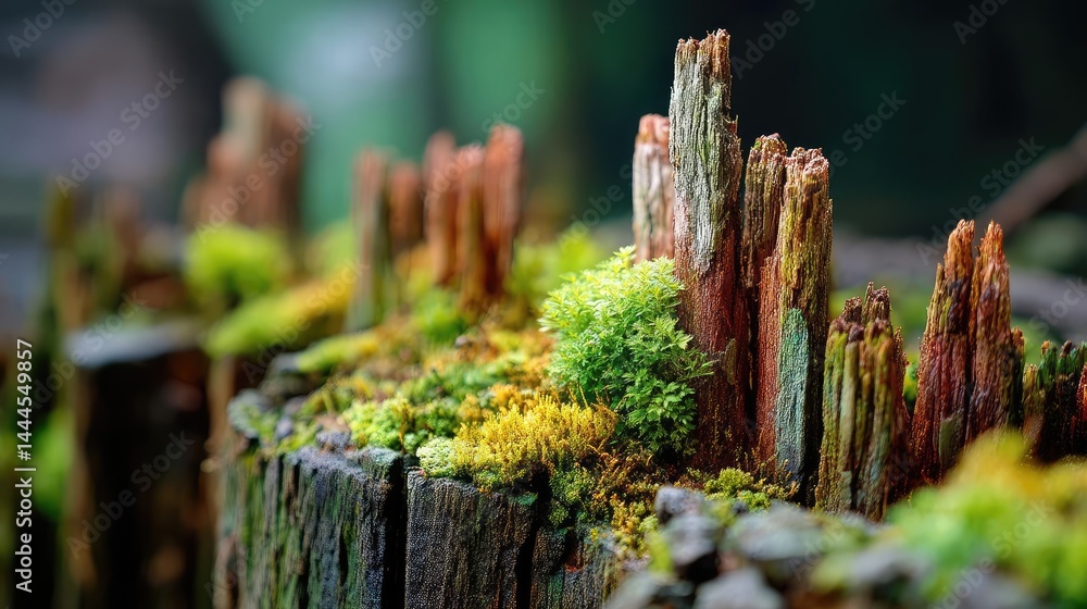 Poster tree stump representing environmental damage and forest decline concept. vibrant moss and weathered 