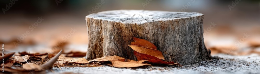Poster Tree stump representing environmental damage and forest decline concept. A close-up of a tree stump surrounded by autumn leaves.