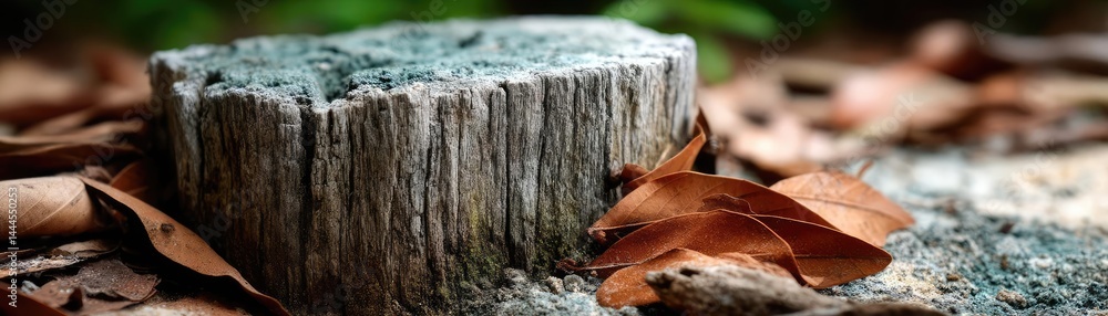 Poster tree stump representing environmental damage and forest decline concept. close-up of a moss-covered 