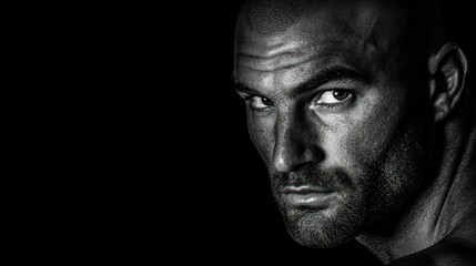 Intense black and white close up portrait of a mans face