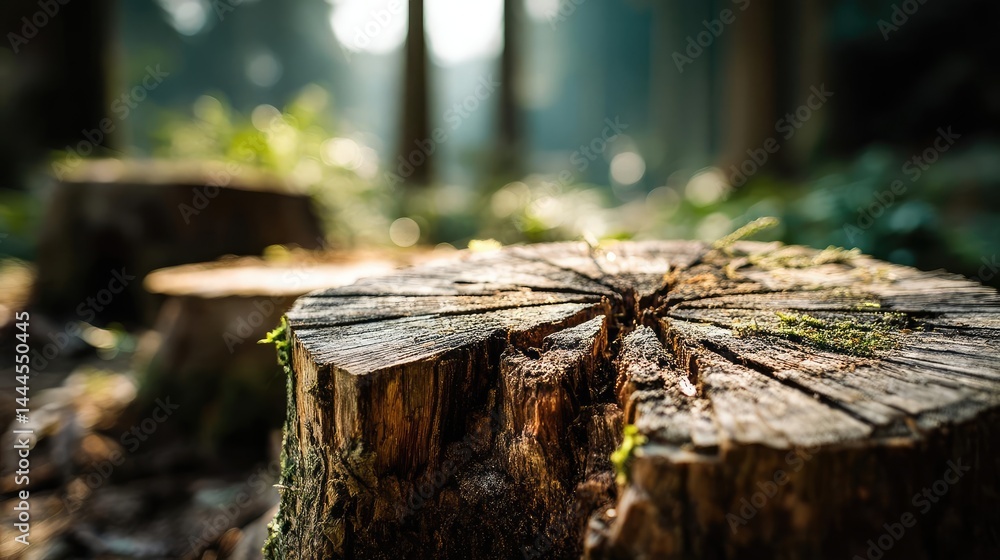 Aufkleber Tree stump representing environmental damage and forest decline concept. Close-up of a tree stump in a serene forest setting.